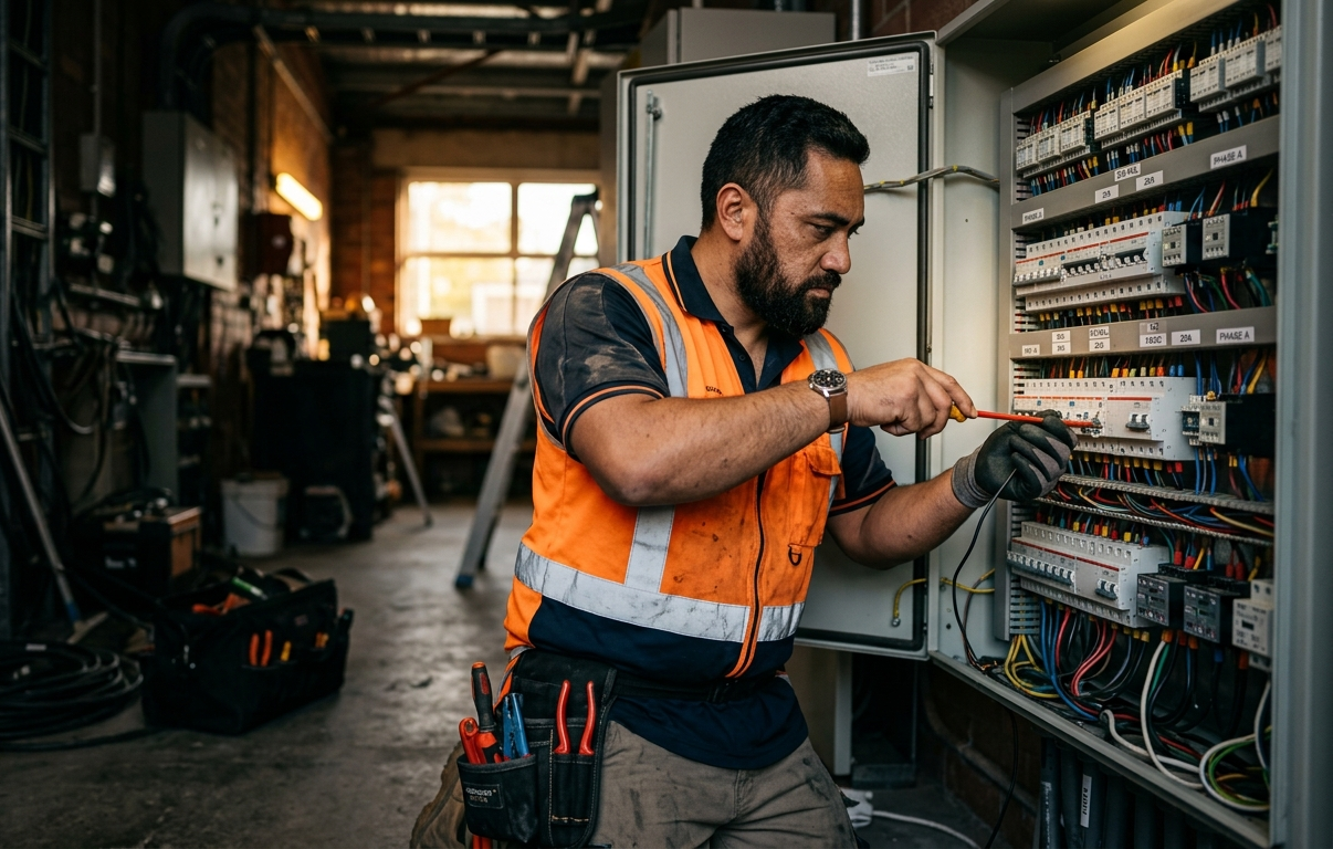 A New Zealand electrician working on a switchboard